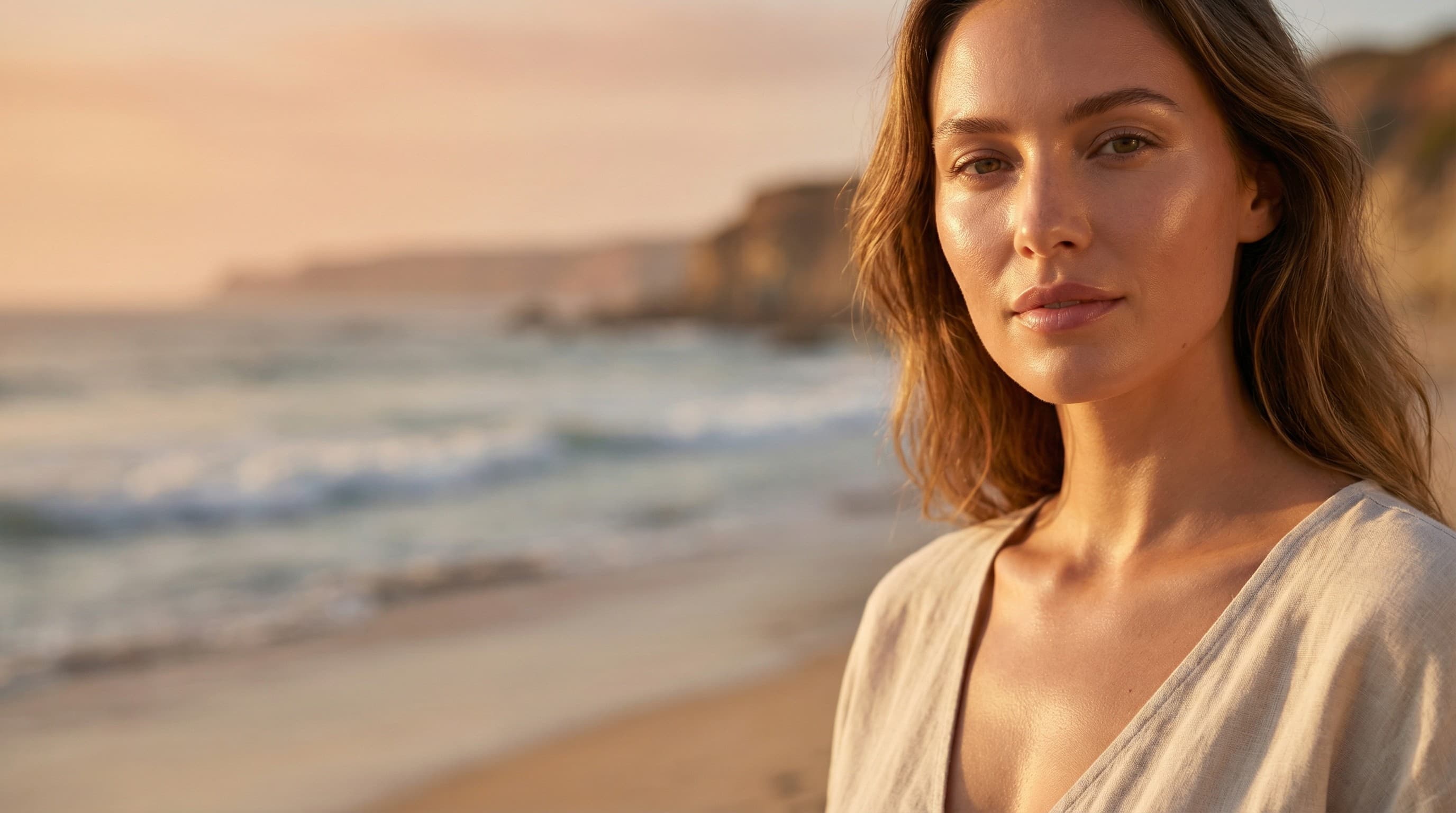 Woman with healthy glowing skin on ocean coastline
